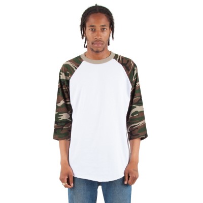 Shaka Wear SHRAGCM   Adult Three-Quarter Sleeve Camo Raglan T-Shirt